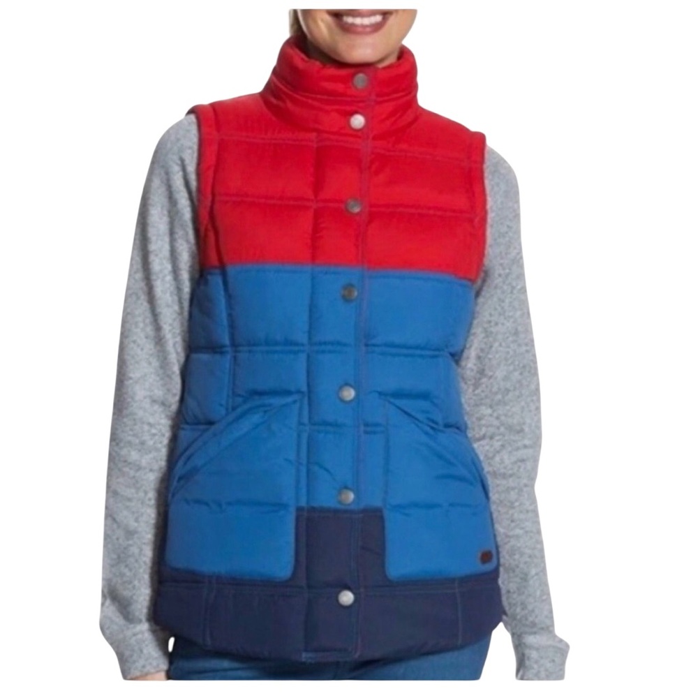 Roxy Women’s Quilted Puffer Vest Red Blue Colorblock 70s Retro Lined Cozy Sz M